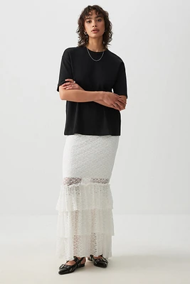 Ardene Lace Tiered Midi Skirt in White | Size | Nylon/Spandex