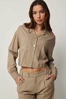 Ardene Crop Linen Blend Shirt in Beige | Size Small | Viscose