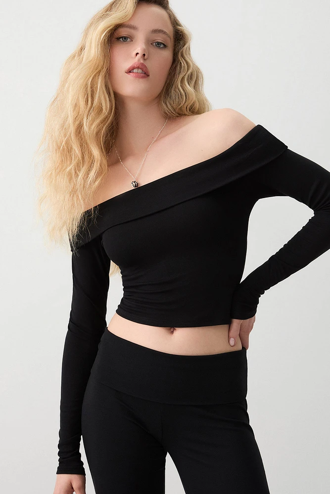 Ardene Crop Off Shoulder Long Sleeve Top in Black | Size | Elastane/Viscose