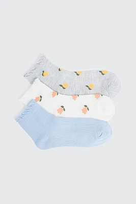 Ardene 3-Pack Lemon & Tulips Demi Crew Socks in Light Blue | Polyester/Spandex