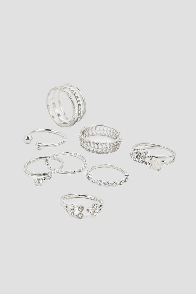 Ardene 10-Pack Stone Thin Rings in Silver | Size