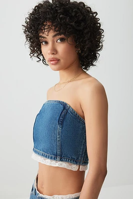 Ardene Lace Trim Denim Tube Top in Medium Blue | Size | 100% Cotton