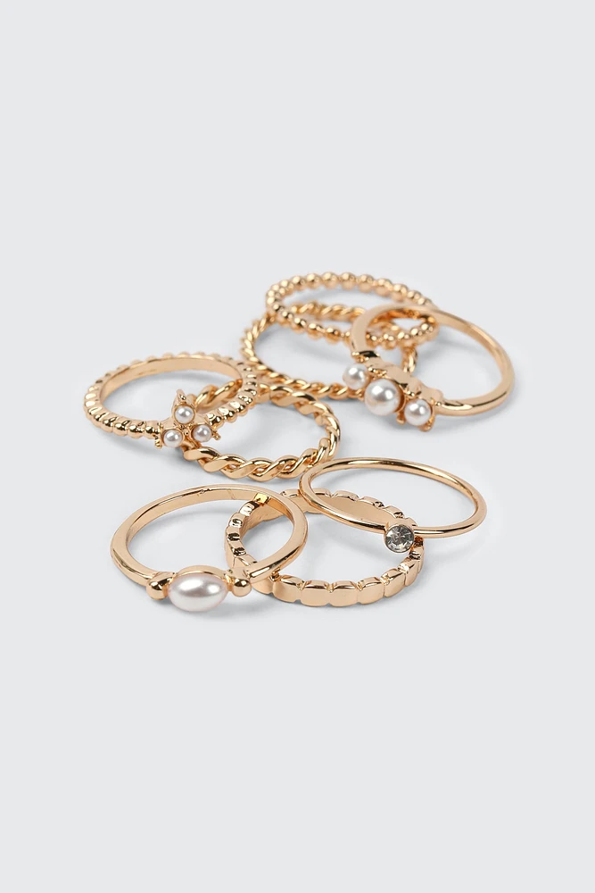 Ardene 8-Pack Mini Pearl Rings in Gold | Size Small