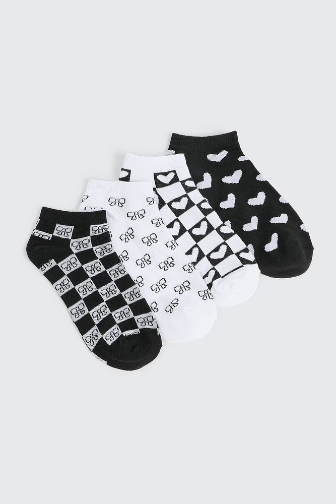 Ardene 4-Pack Printed Ankle Socks in Black | Polyester/Spandex