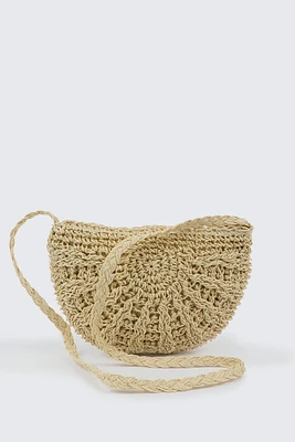 Ardene Half Moon Straw Crossbody Bag in Beige | 100% Recycled Polyester | Eco-Conscious