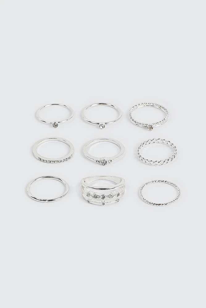 Ardene 9-Pack Assorted Rings with Stones in Silver | Size Small | Eco-Conscious