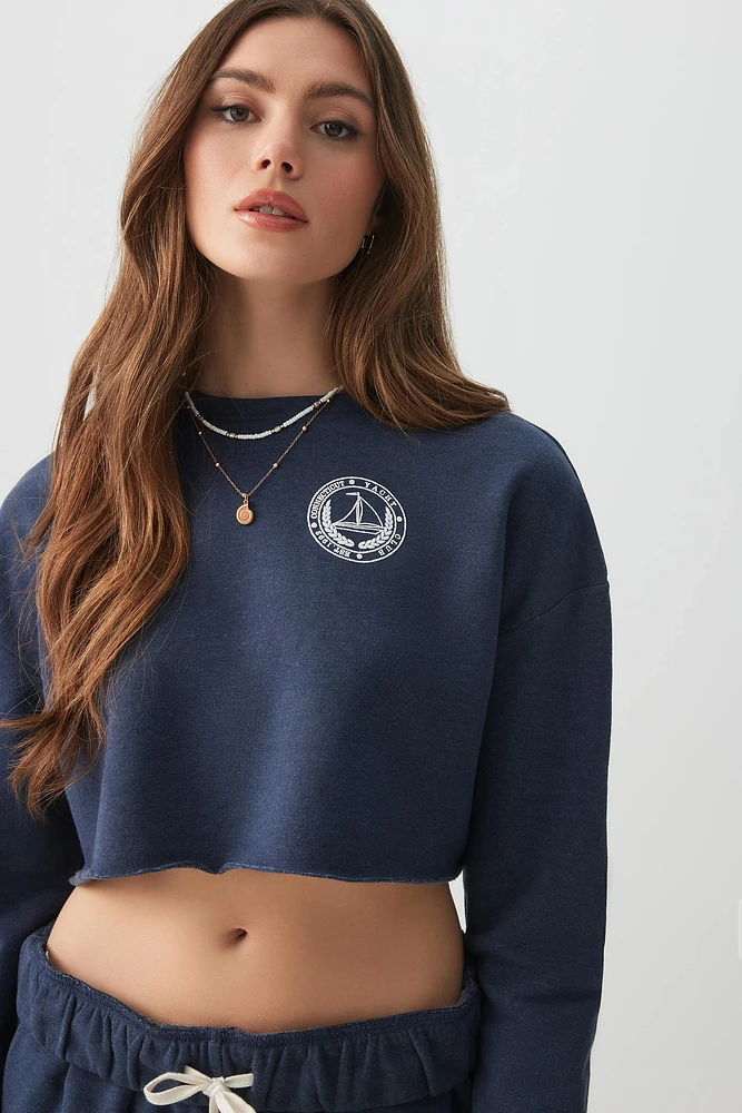 Ardene Crop Graphic Sweatshirt in Dark Blue | Size | Polyester/Cotton | Fleece-Lined