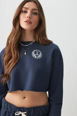 Ardene Crop Graphic Sweatshirt in Dark Blue | Size | Polyester/Cotton | Fleece-Lined