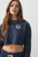 Ardene Crop Graphic Sweatshirt in Dark Blue | Size | Polyester/Cotton | Fleece-Lined