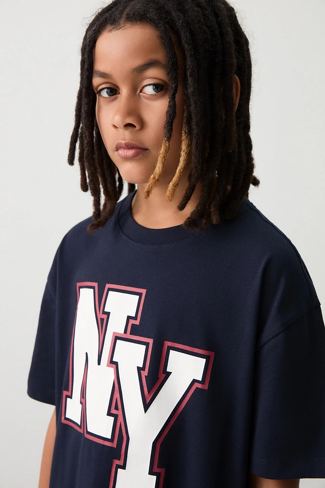 Ardene Kids Oversized Graphic T-Shirt in Dark Blue | Size Small | 100% Cotton