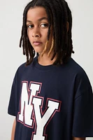Ardene Kids Oversized Graphic T-Shirt in Dark Blue | Size Small | 100% Cotton