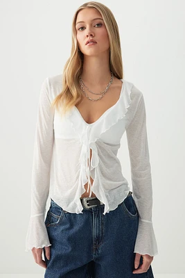 Ardene Tie Front Top with Frills in White | Size | Polyester