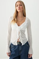 Ardene Tie Front Top with Frills in White | Size | Polyester