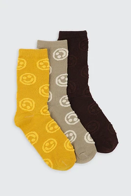 Ardene 3-Pack Smiley Face Crew Socks in Yellow | Polyester/Spandex