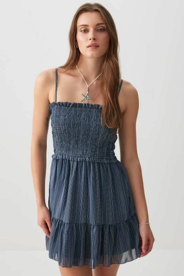 Ardene Smocked Bodice Tiered Mini Dress in Dark Blue | Size | Polyester