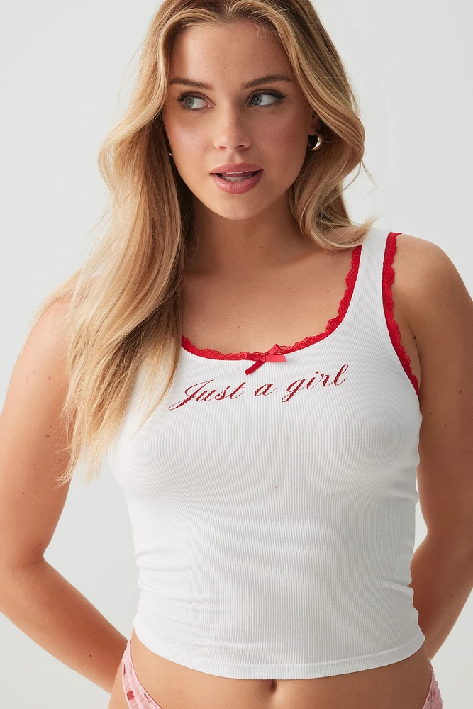 Ardene Lace Trim Graphic PJ Tank Top in White | Size | Polyester/Elastane | Eco-Conscious
