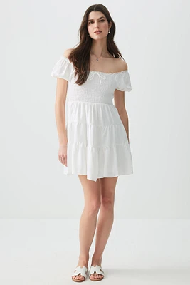 Ardene Smocked Tiered Midi Dress in White | Size | Rayon