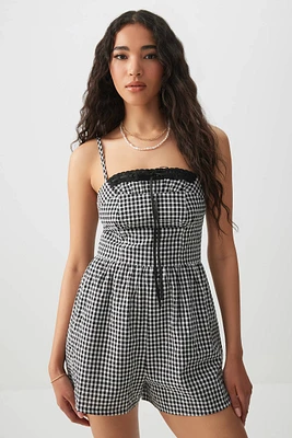 Ardene Lace Trim Gingham Romper in Black | Size | Polyester/Cotton
