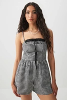 Ardene Lace Trim Gingham Romper in Black | Size | Polyester/Cotton