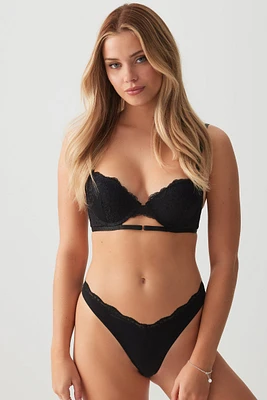Ardene Lace Trim Seamless Thong Panty in Black | Size | Nylon/Elastane