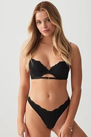 Ardene Lace Trim Seamless Thong Panty in Black | Size XS | Nylon/Elastane