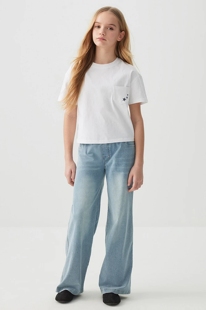 Ardene Kids Pull On Wide Leg Jeans in Medium Blue | Size | Polyester/Spandex/Cotton