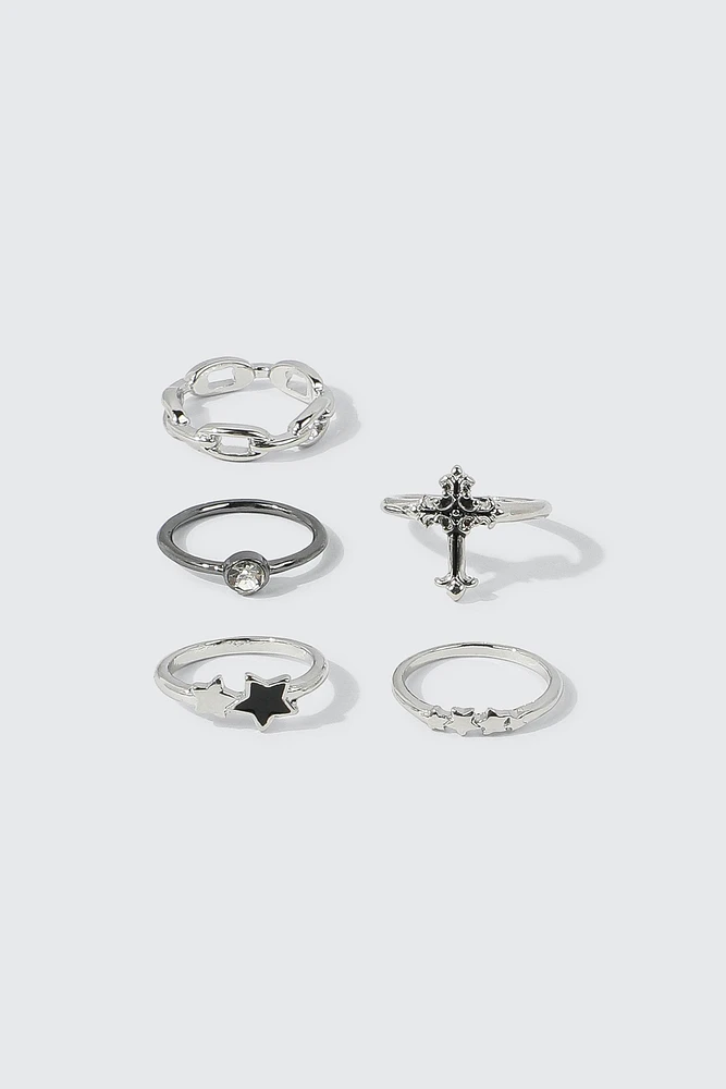 Ardene 5-Pack Star & Cross Rings in Silver | Size