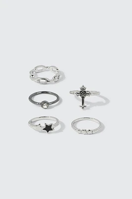 Ardene 5-Pack Star & Cross Rings in Silver | Size