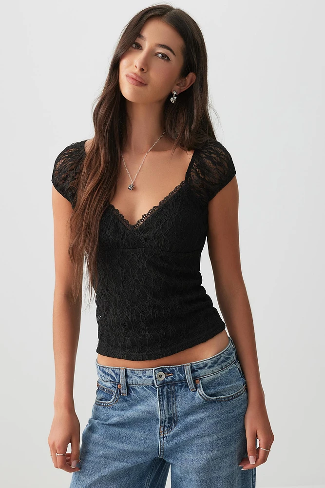 Ardene Lace V-Neck Crop Top in | Size | Polyester/Elastane