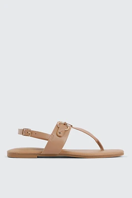 Ardene T-Strap Flat Sandals with Ring Details in Beige | Size | Faux Leather | Eco-Conscious