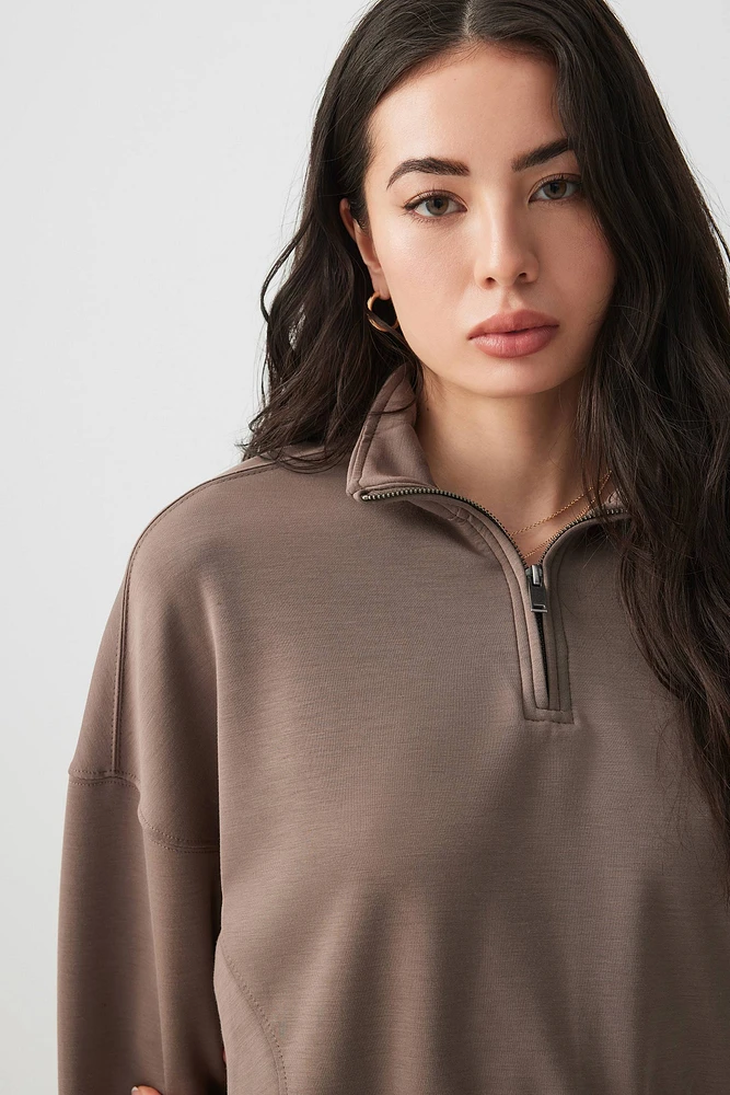 Ardene Scuba 1/4 Zip Sweatshirt in Brown | Size | Polyester/Rayon/Spandex