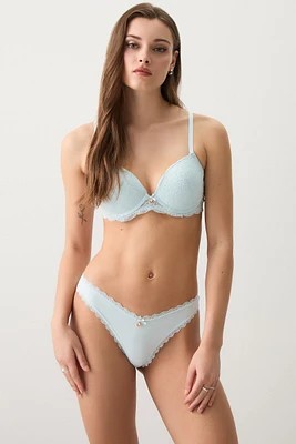 Ardene Everyday Lace Trim Thong Panty in Light Blue | Size | Polyester/Spandex | Microfiber