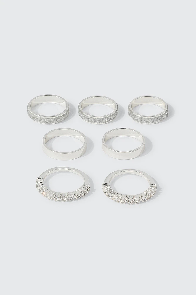Ardene 7-Pack Glitter & Stone Rings in Silver | Size