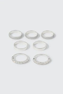 Ardene 7-Pack Glitter & Stone Rings in Silver | Size