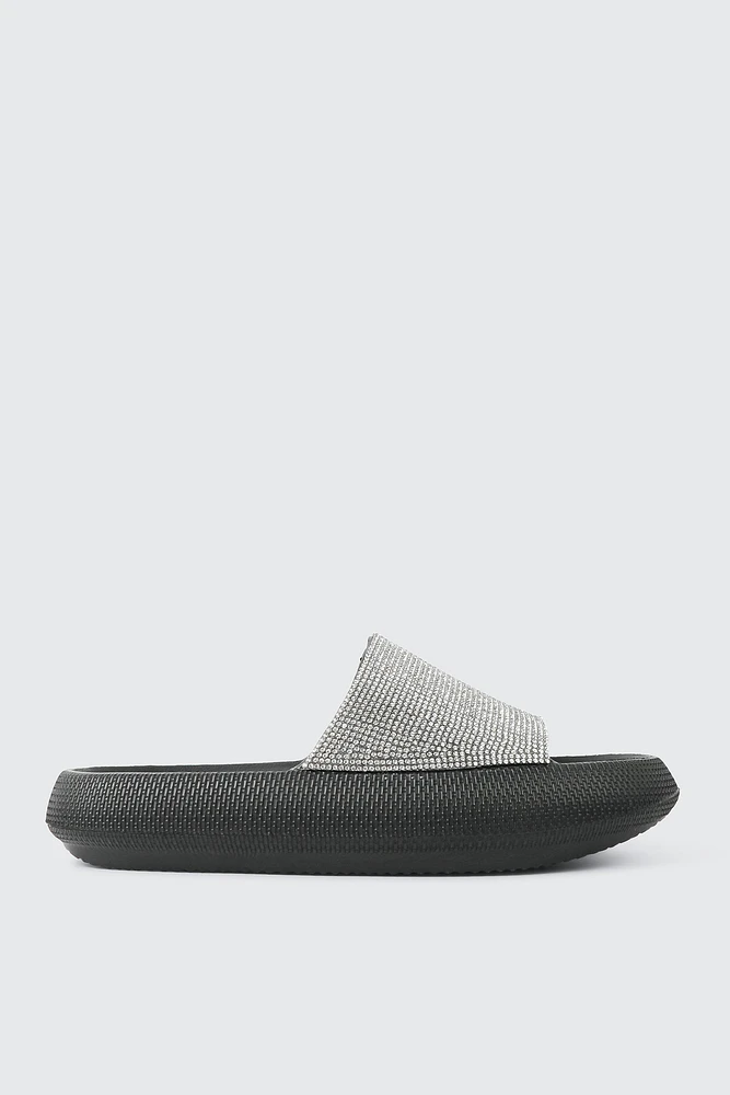 Ardene Rhinestone Slides in Black | Size