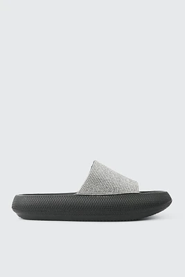 Ardene Rhinestone Slides in Black | Size