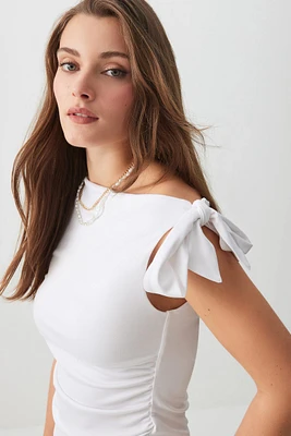 Ardene Asymmetrical Off Shoulder Top in White | Size | Polyester/Elastane