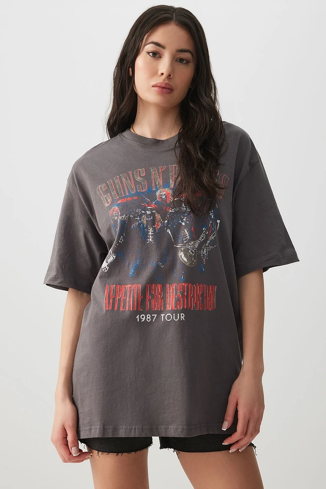 Ardene Guns N Roses Oversized T-Shirt in Dark Grey | Size Large | 100% Cotton