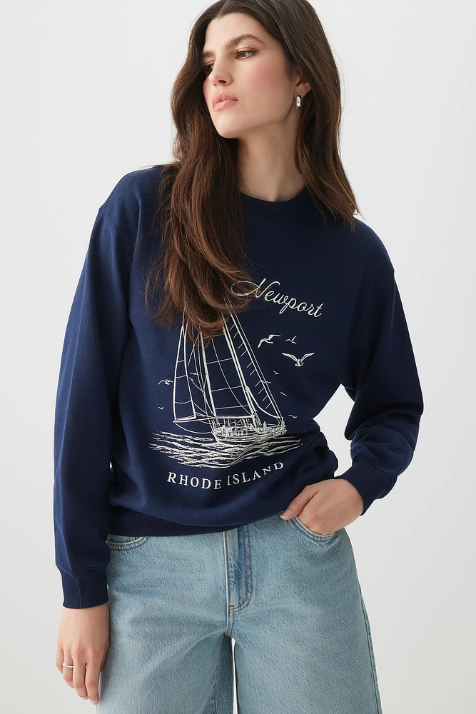 Ardene Graphic Crew Neck Sweatshirt in Dark Blue | Size | Polyester/Cotton | Eco-Conscious