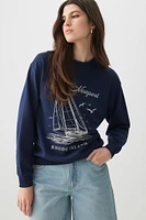Ardene Graphic Crew Neck Sweatshirt in Dark Blue | Size | Polyester/Cotton | Eco-Conscious
