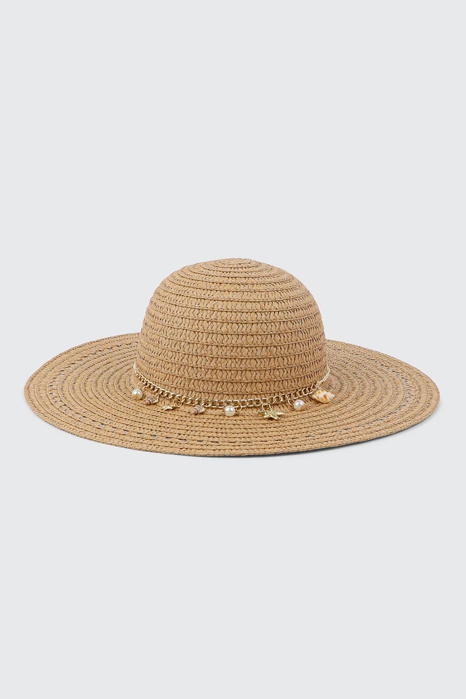 Ardene Seashell Charm Straw Hat in Beige