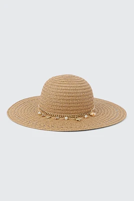Ardene Seashell Charm Straw Hat in Beige
