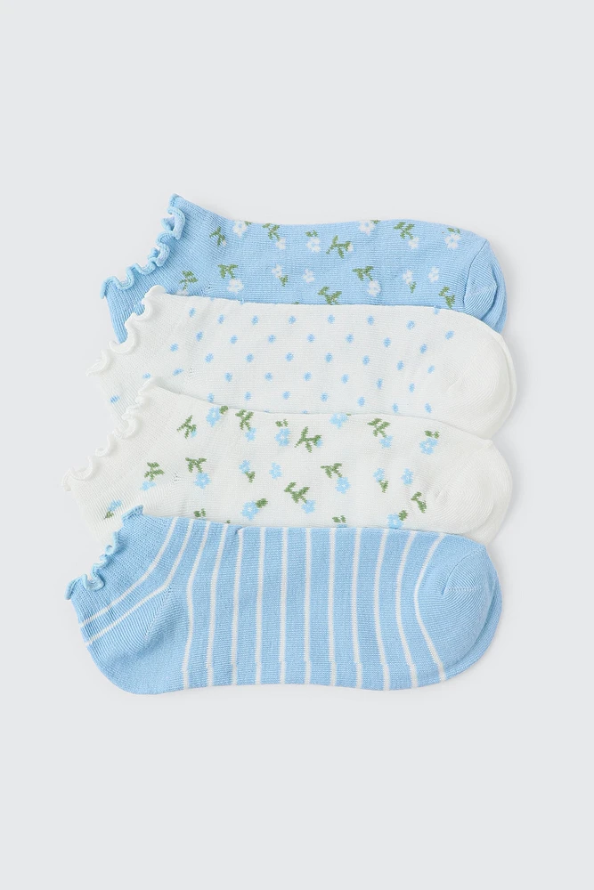 Ardene 4-Pack Floral & Striped Ankle Socks in Light Blue | Polyester/Spandex