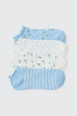 Ardene 4-Pack Floral & Striped Ankle Socks in Light Blue | Polyester/Spandex