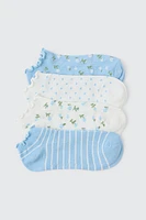 Ardene 4-Pack Floral & Striped Ankle Socks in Light Blue | Polyester/Spandex