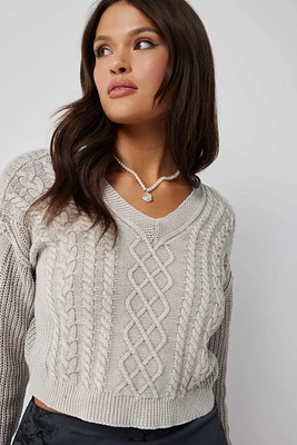Ardene Washed Cable Knit Sweater in Beige | Size Large | 100% Cotton
