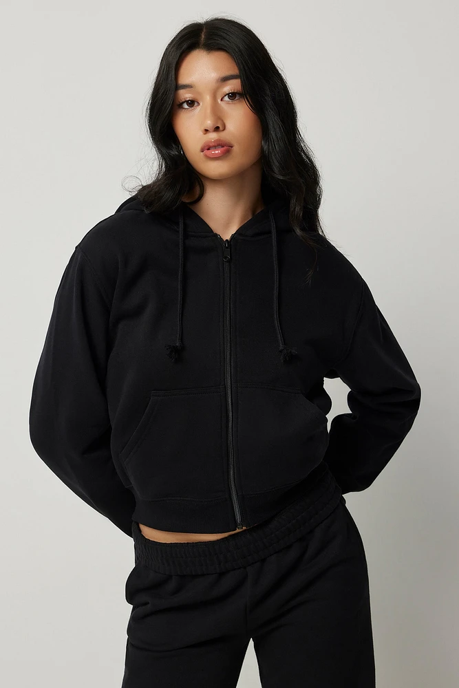 Ardene Solid Short ZIp Up Hoodie in Black | Size XS | Polyester/Cotton | Fleece-Lined | Eco-Conscious