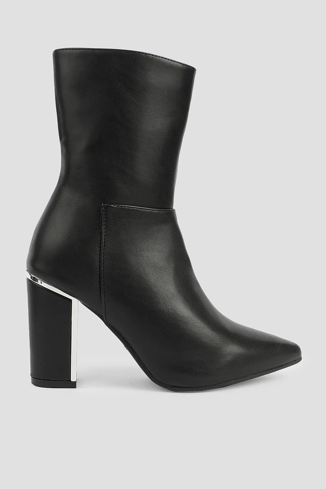 Ardene A.C.W. Gold Accent Block Heel Booties in Black | Size 9 | Faux Leather | Eco-Conscious