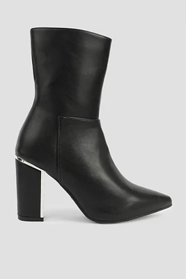 Ardene A.C.W. Gold Accent Block Heel Booties in Black | Size 9 | Faux Leather | Eco-Conscious