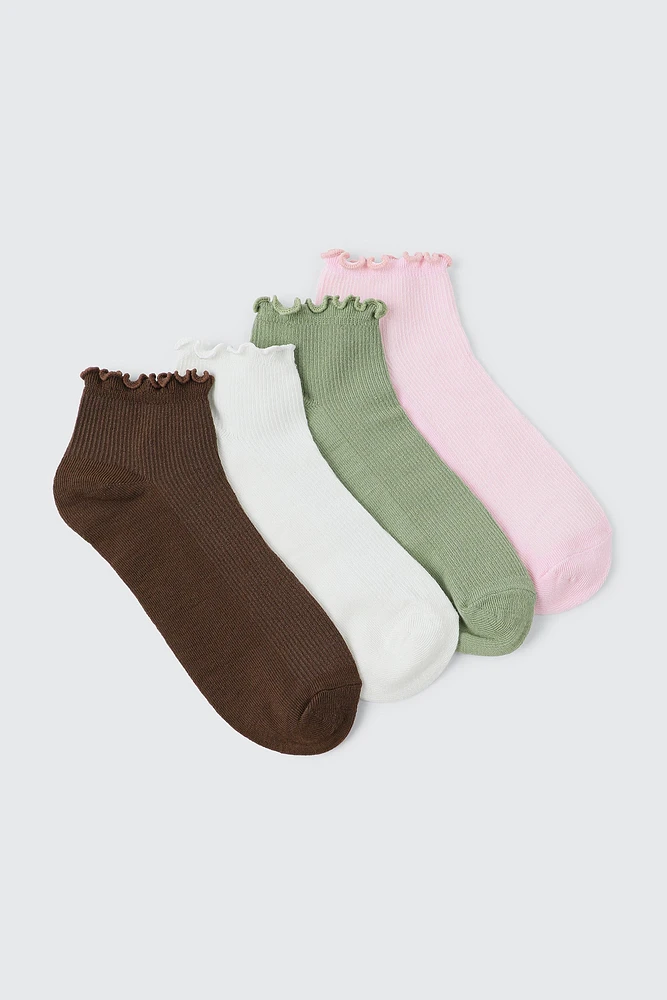 Ardene 3-Pack Ruffled Edge Demi Crew Socks in Brown | Polyester/Spandex